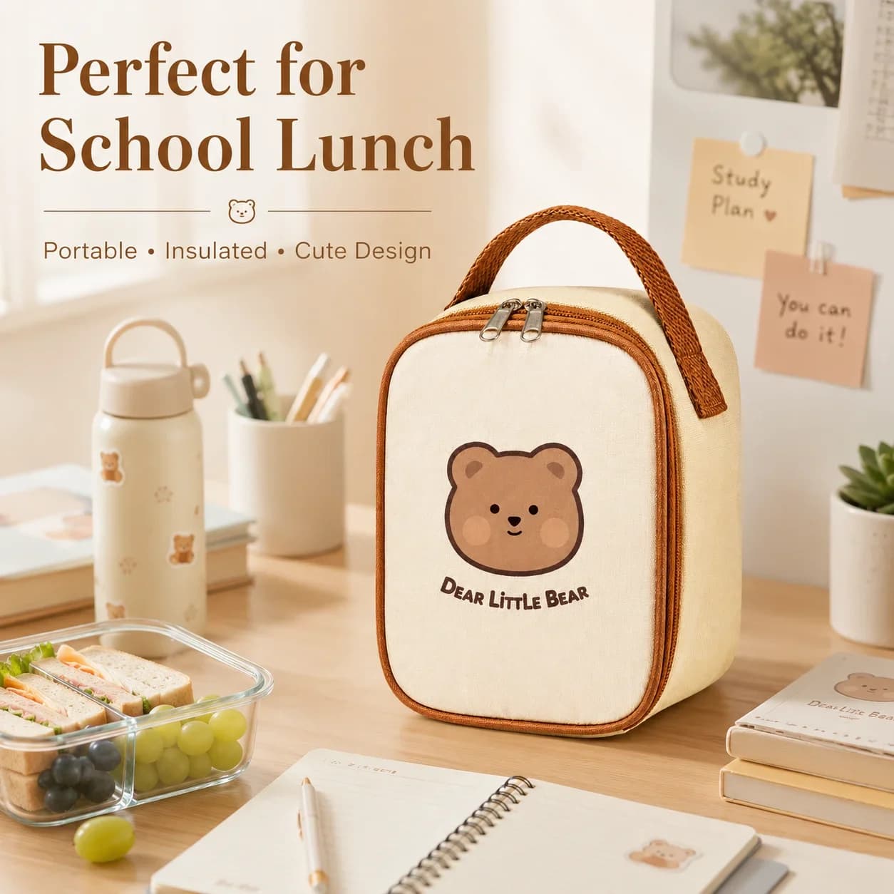 Cartoon Insulated Lunch Bag, Thermal Bento Carrier for Students, Portable Food Tote for School and Picnic