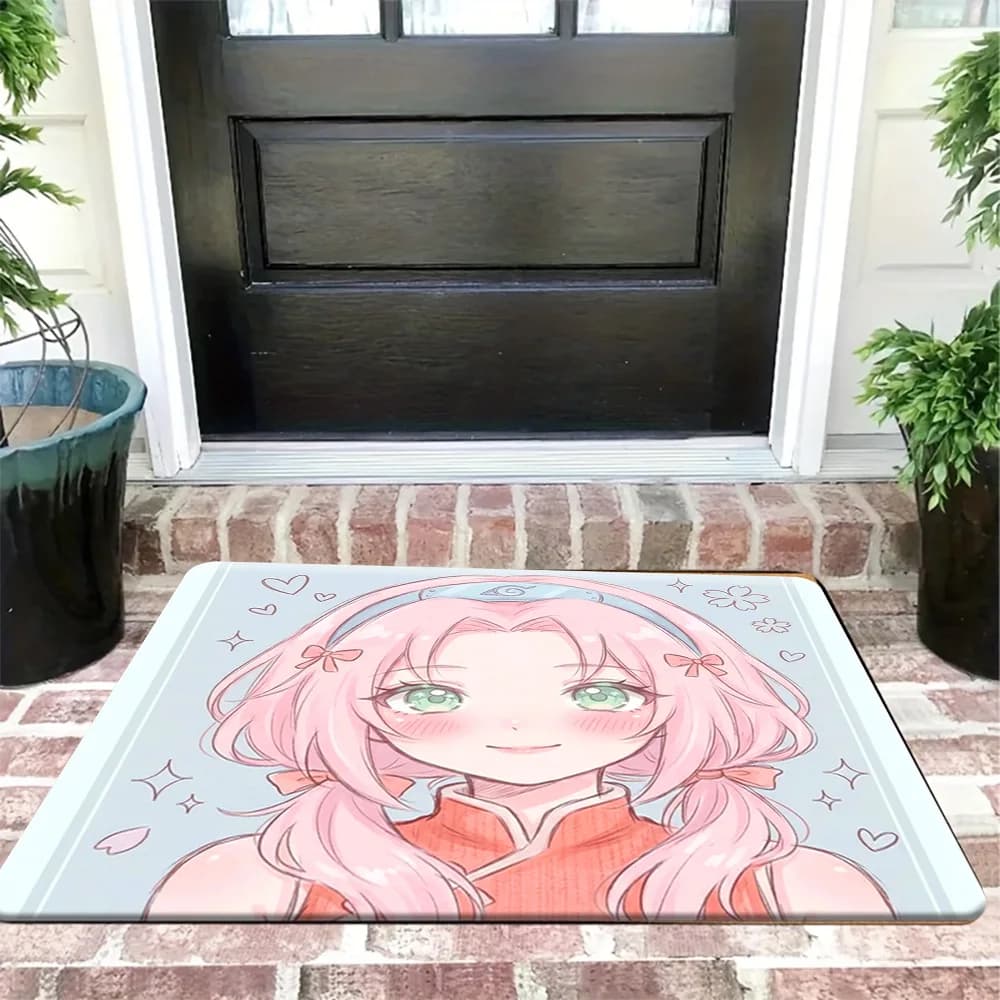 Tappetino per porta assorbente antiscivolo in stile anime Naruto Sakura Haruno, simpatico tappeto d'ingresso con personaggio Kunoichi per la decorazione della casa