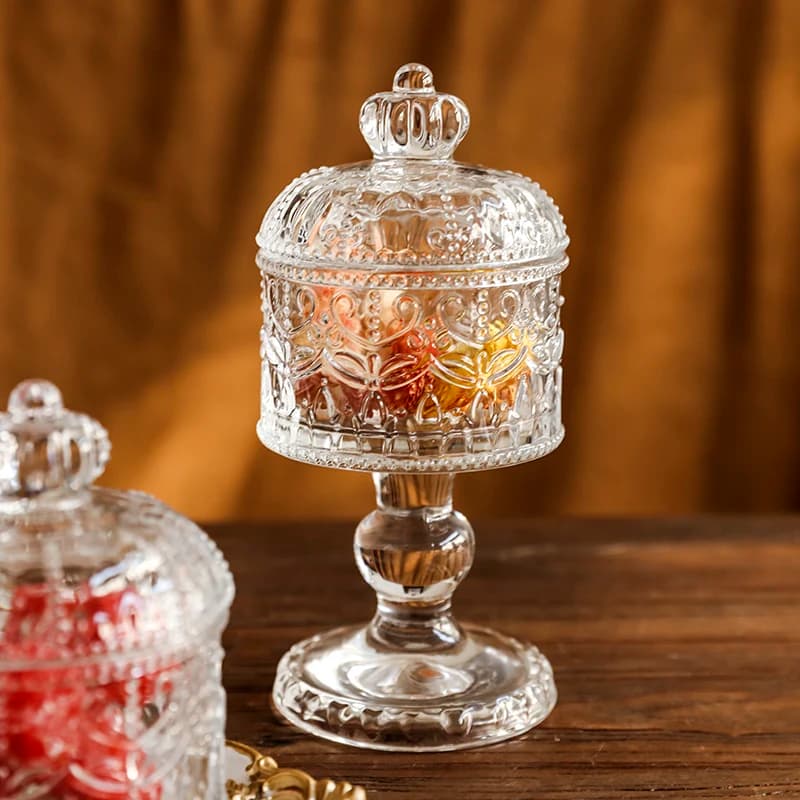 Scatola per caramelle in rilievo vintage con coperchio in vetro per riporre gioielli per la casa, ornamento per frutta secca