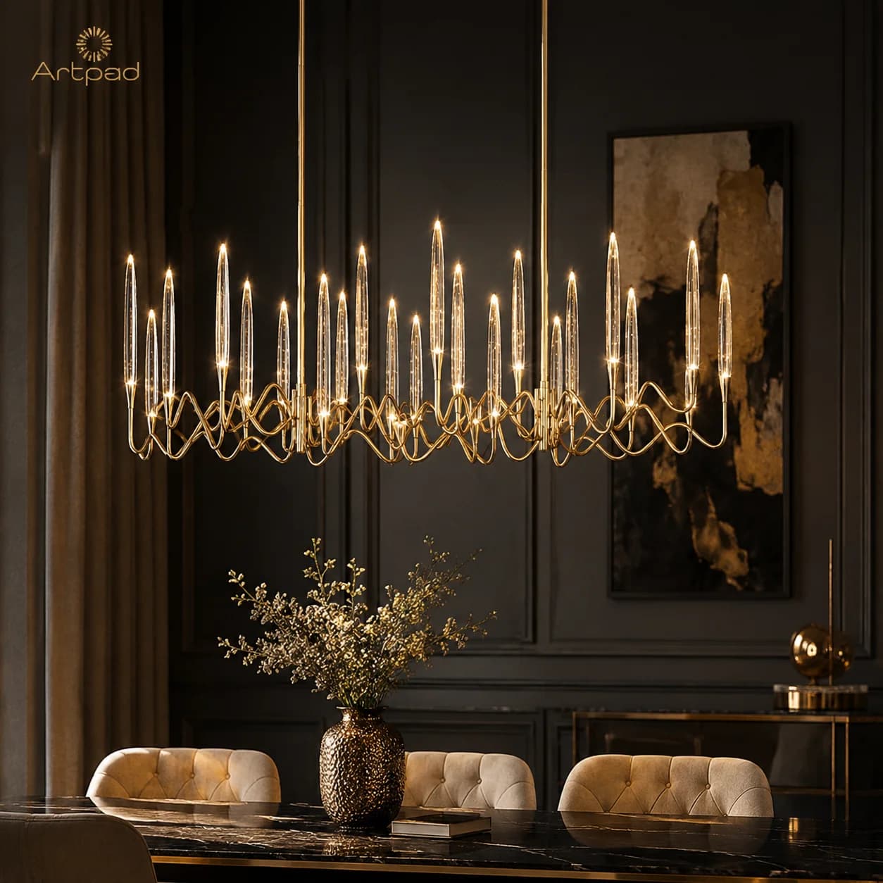 Lampadario lungo a candela di cristallo per sala da pranzo, soggiorno, tavolo da cucina, camera da letto, lampadario a soffitto in cristallo rettangolare dorato di lusso
