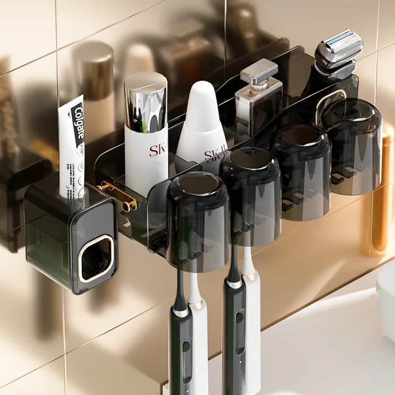 Portaspazzolino da Parete Invertito Impermeabile con Dispenser Automatico di Dentifricio, Set di Accessori per il Bagno con Porta Trucchi