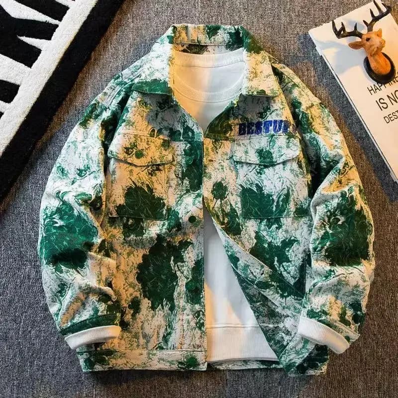Giacca da uomo in denim con stampa mimetica doodle da uomo Colletto rovesciato allentato Cargo Risvolto Jean Cappotto Tasche Capispalla