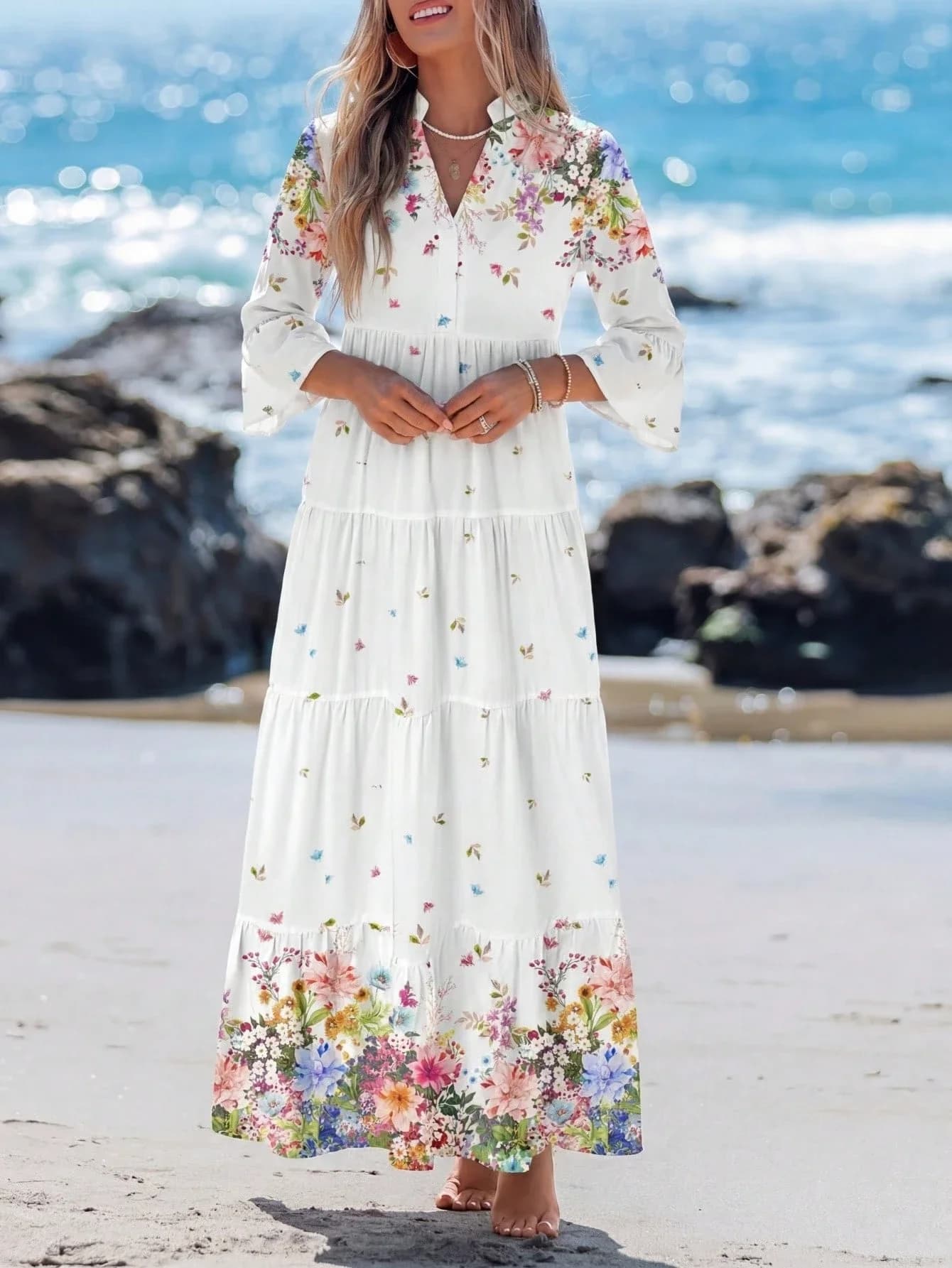 Women's V-Neck Floral Print Tiered Long Sleeve Maxi Dress Boho Beach Casual