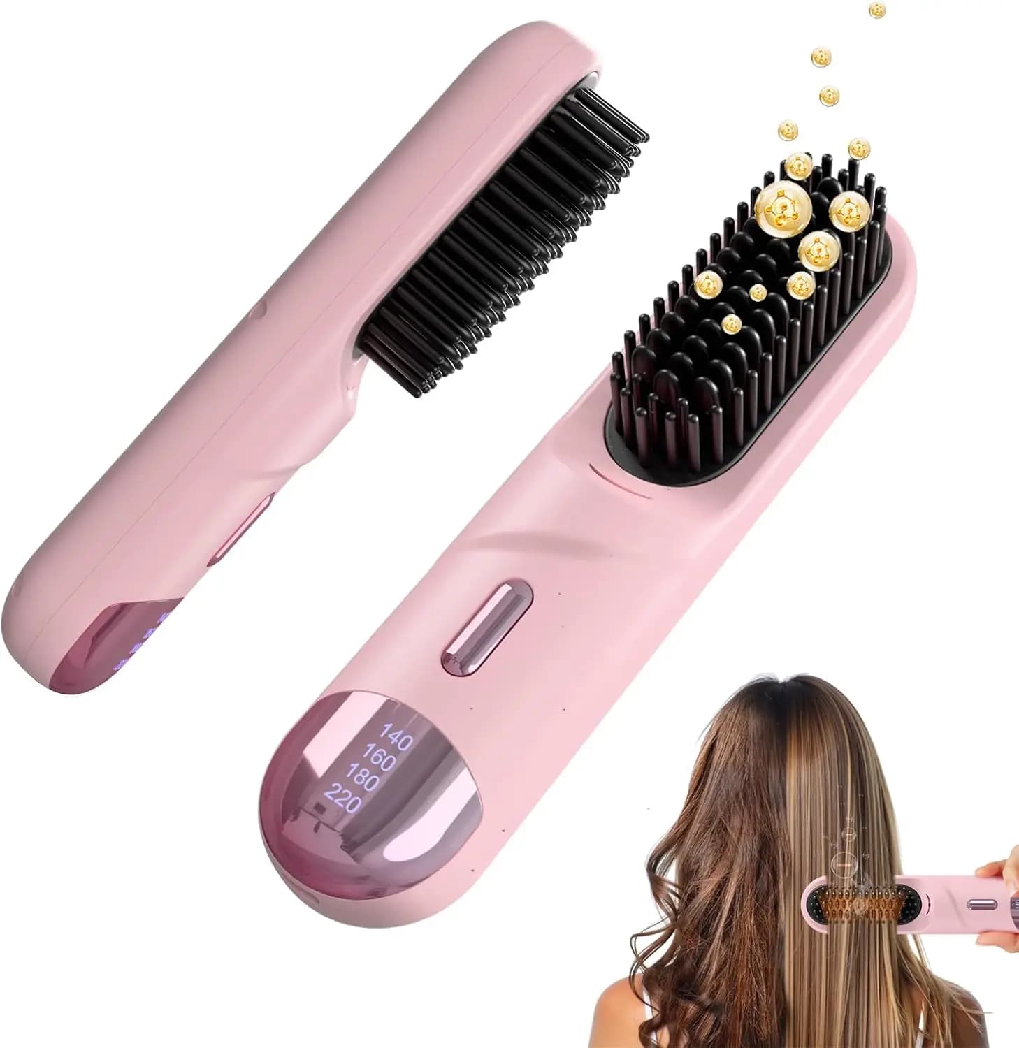 Wireless Portable Led Brush With 300 Million Ion, Quick Heating 4 Temperatures for Straight Hair Without Crespo, Clear Pink Travel Gift