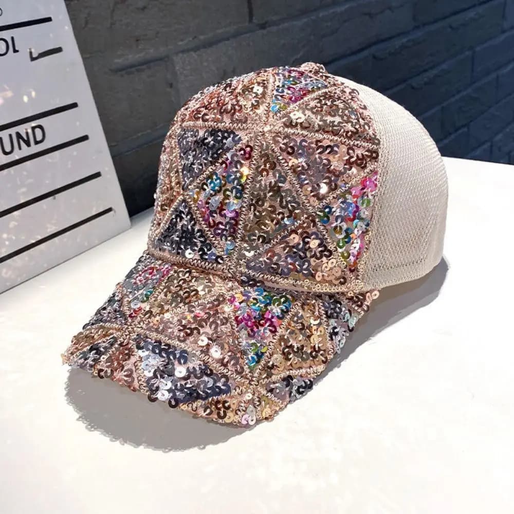 Vintage Adjustable Sequins Baseball Caps Cotton Breathable Net Baseball Hats Luxury Shiny Mesh Cap For Women Girls