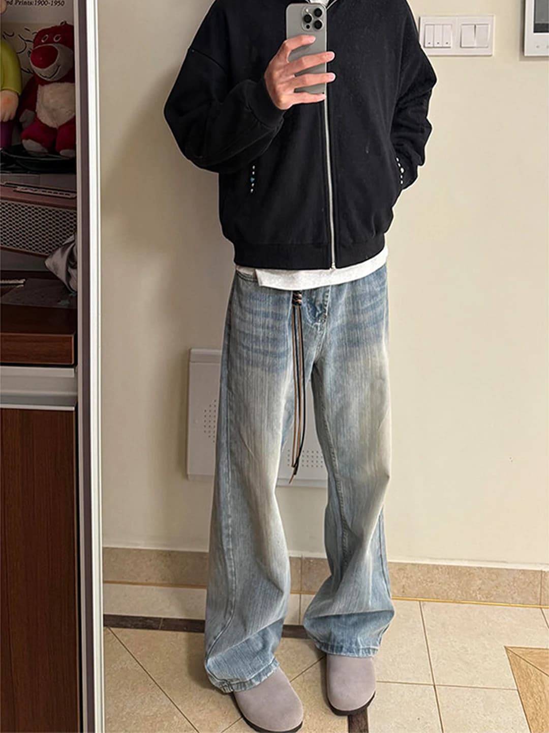 Blue Denim Men's Winter Jeans Knife Fce Straight Leg Flared Pants Cleanfit Comfortable Casual Trousers