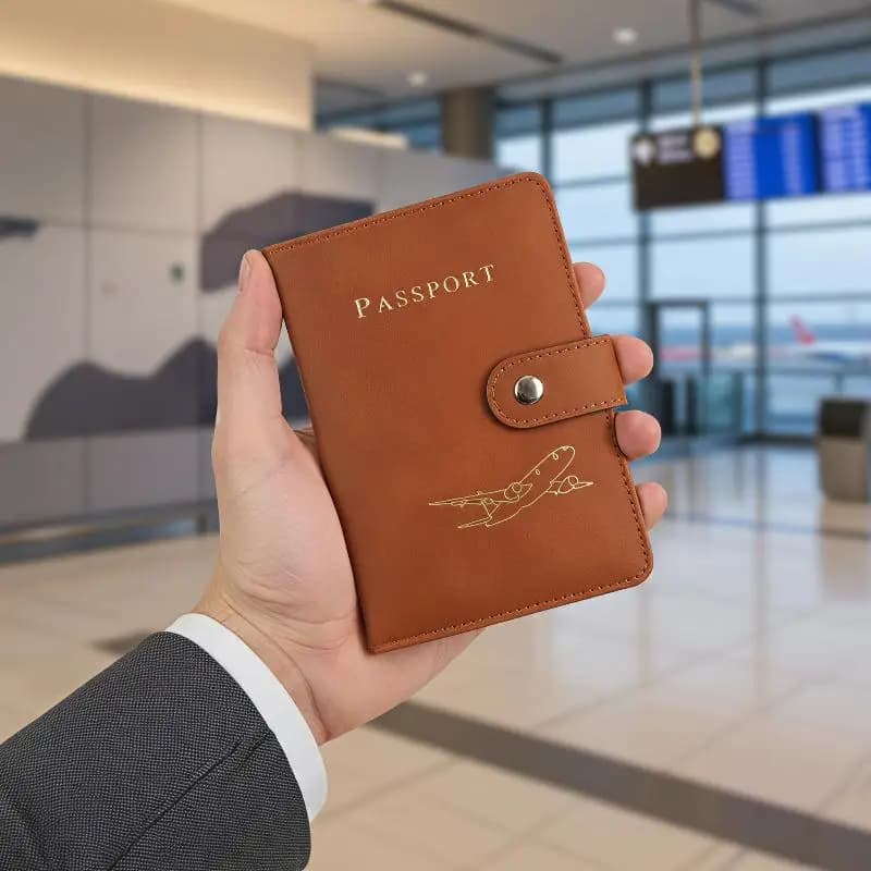@*Airplane Embossed Travel Passport Cover Snap Button Durable PU Leather Passport Holder for Study Abroad Programs