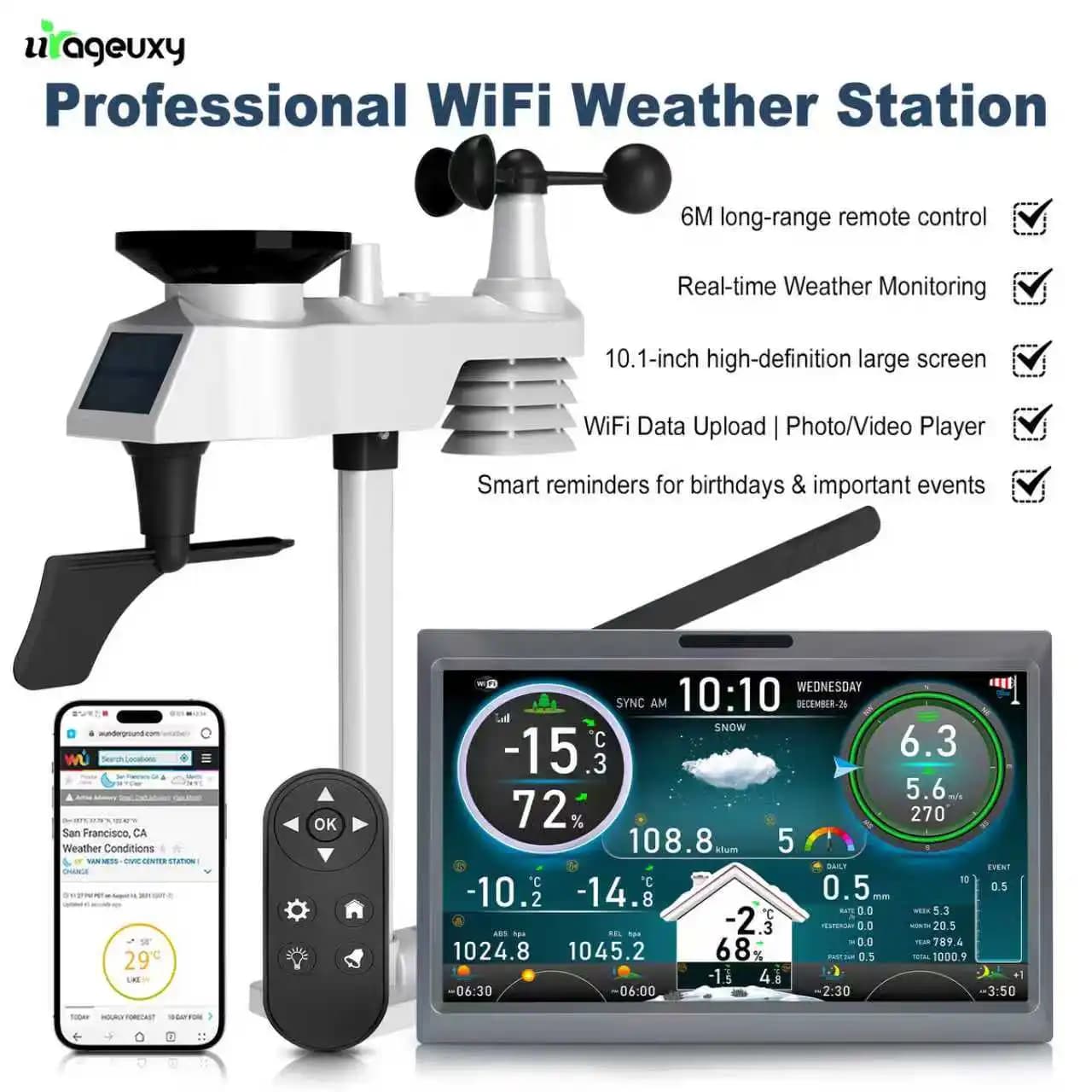 Stazione meteorologica WiFi con display HD TFT da 10,1 pollici 7 in 1 con sensore wireless Cornice per foto digitale Lettore video Allarme telecomando