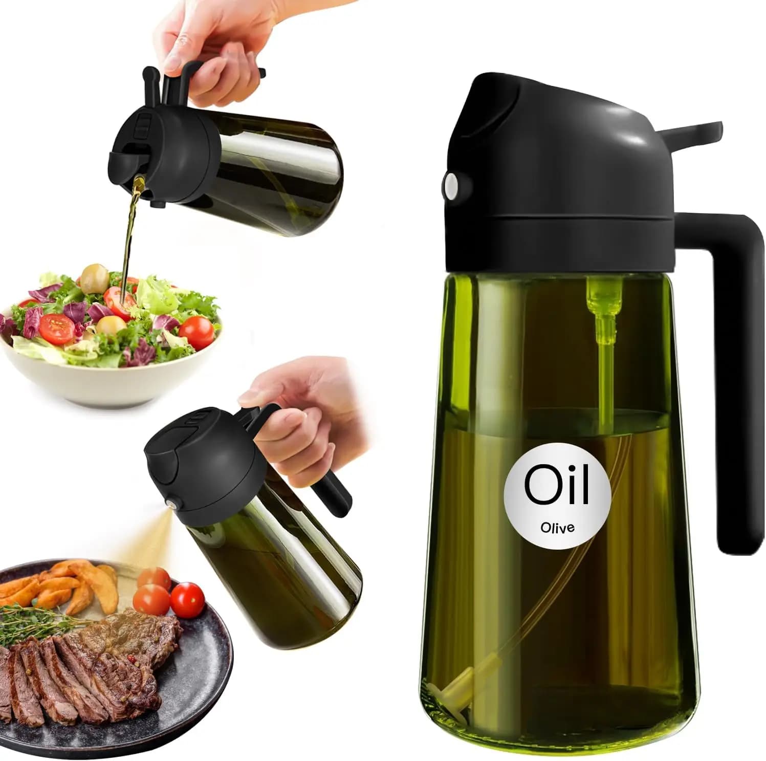 16oz Dark Glass Oil Sprayer and Dispenser, Kitchen Bottle 2-in-1 for Air Fryer, Barbecue, Kitchen