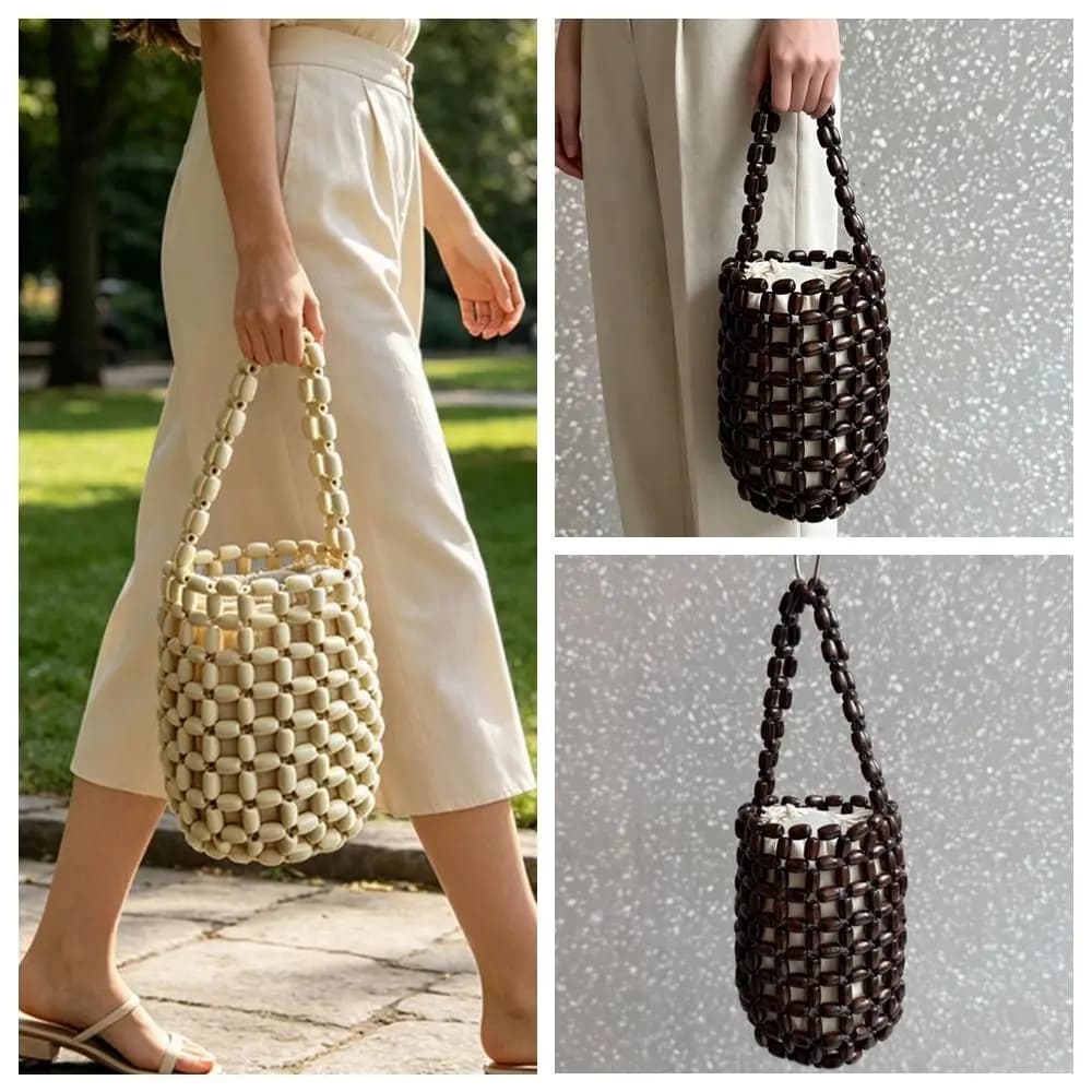 Borsa a secchiello artigianale in legno con perline, design intrecciato, manico ad anello, borsa da donna a forma cilindrica con tasca interna, mini borsa da polso