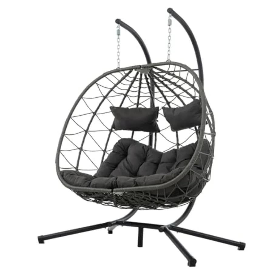 Sedia a dondolo doppia a forma di uovo per patio e giardino, in rattan PE resistente alle intemperie, beige, include cuscino e robusto supporto in acciaio
