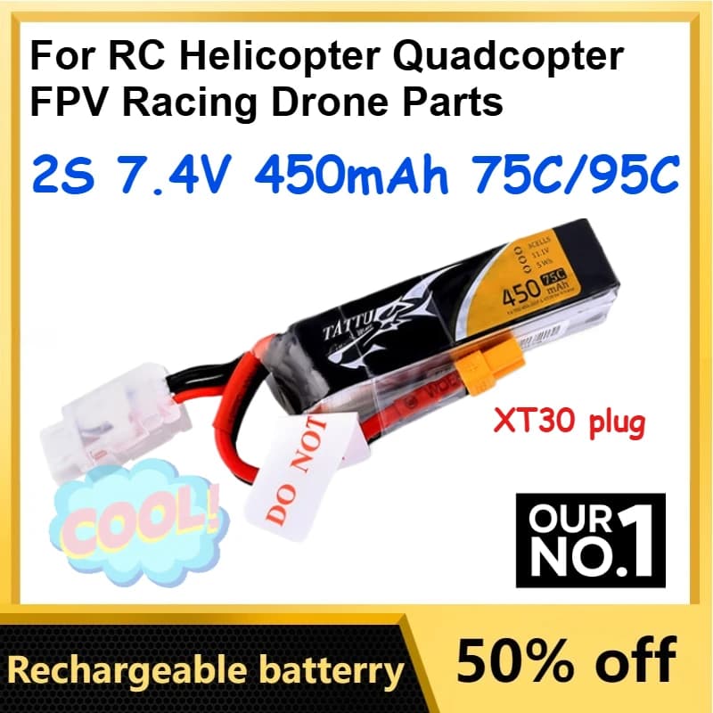 Batteria Lipo 2S 7.4V 450mAh 75C/95C per Elicottero RC, Quadricottero, FPV, Drone da Corsa, Ricambi per Droni 7.4V