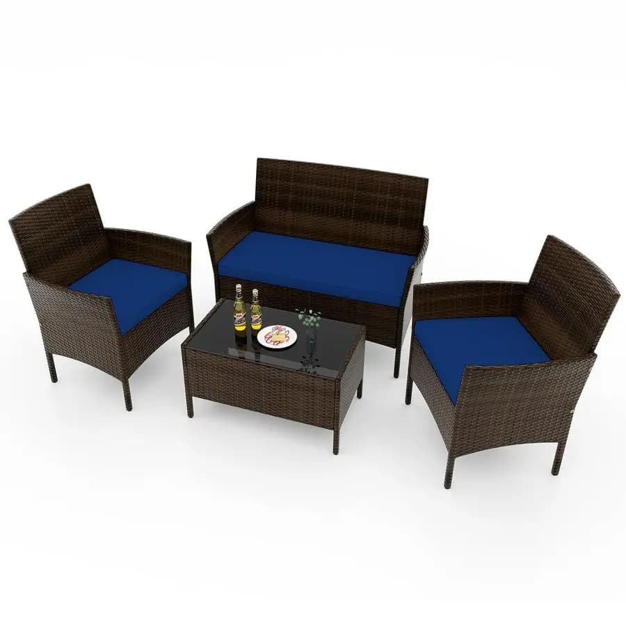 Set of 4-piece rattan garden furniture, bistro set for outdoor conversation with cushions, glass table, wicker chairs and sofa for children
