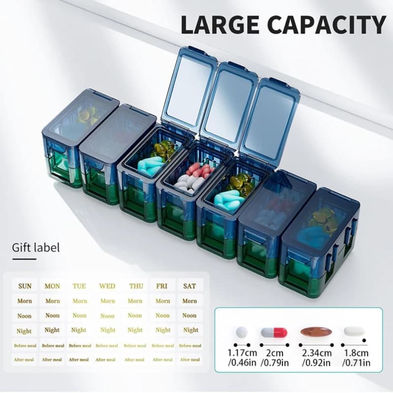 Extra large, weekly, waterproof, with 7-day compartments, for medicines, vitamins, travel pills, tablets, storage container