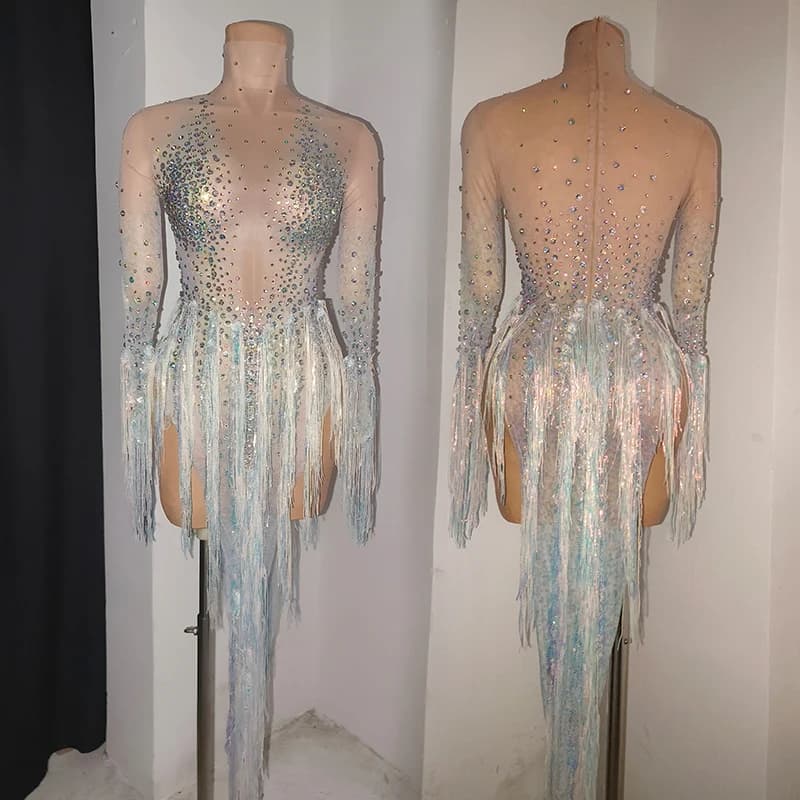 Abito Sexy con Frange di Strass, Costume da Discoteca per Adulti, Abbigliamento per Performance di Cantanti, Costume da Palcoscenico, Abbigliamento per Feste e Spettacoli, VDL5436