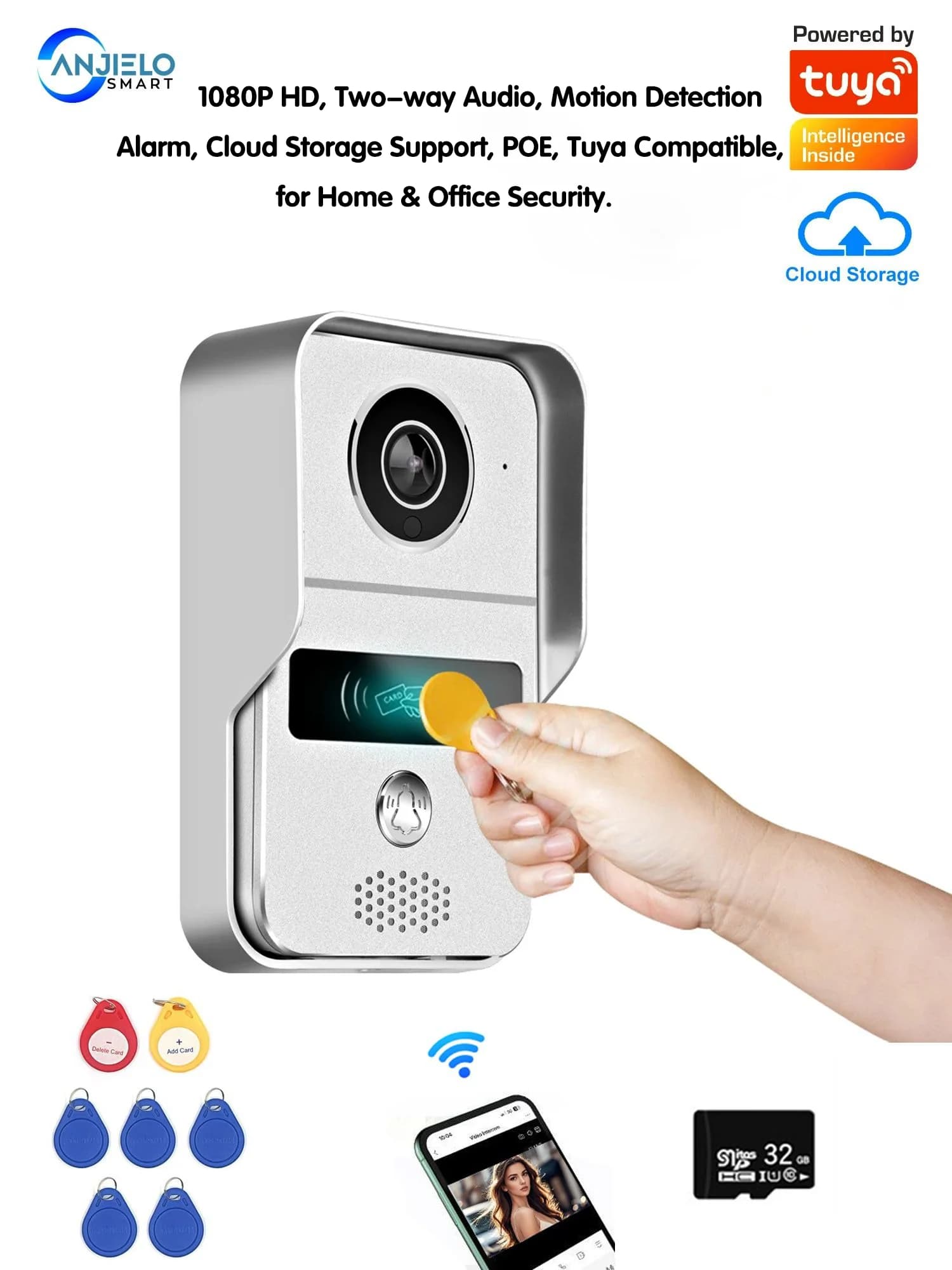 ANJIELOTuya Campanello Video Wireless WiFi con Telecamera 1080P, Sensore di Movimento, Sistema di Allarme e Funzione di Sblocco Remoto
