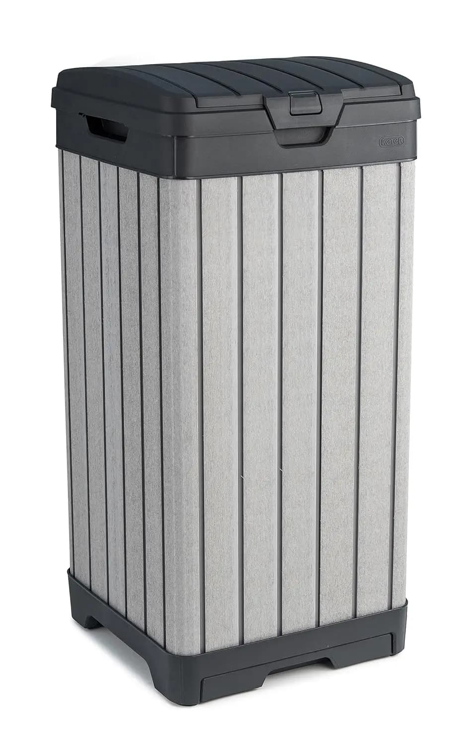Cestino per Rifiuti da Esterno Rockford in Resina da 38 Galloni con Coperchio e Vassoio Raccogligocce per Facile Pulizia - Perfetto per Pranzi all'Aperto, Grigio