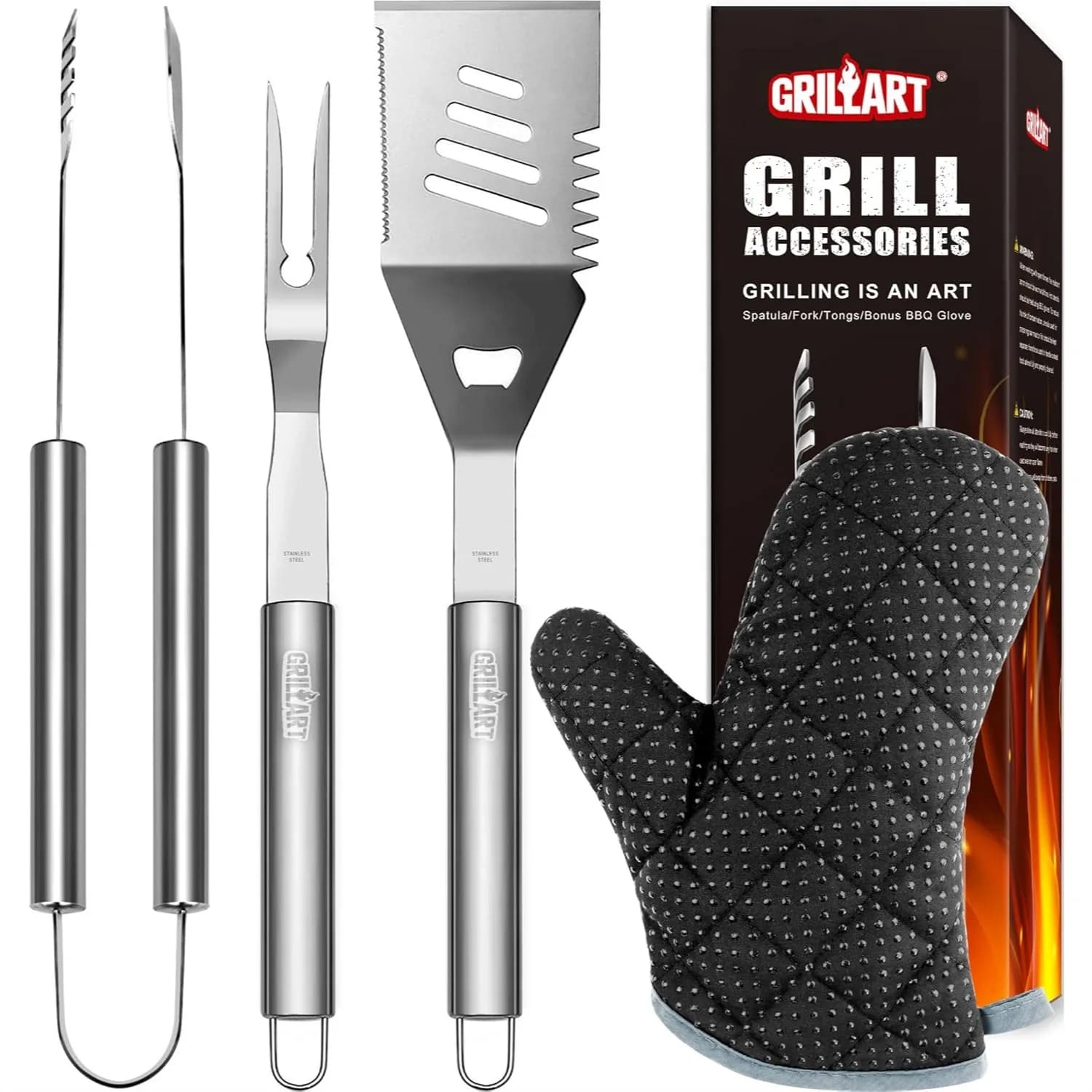 Set di 3 Utensili per Barbecue in Acciaio Inox con Spatola, Pinze, Forchetta e Guanto per Grigliate all'Aperto
