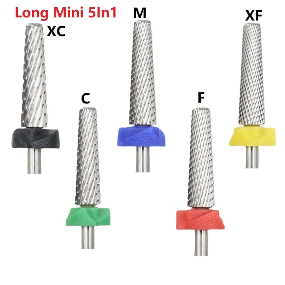 Fresa per Unghie in Carburo di Tungsteno 5 in 1 a Cilindro Lungo – Multifunzione, Attacco da 3/32” per Rimozione Gel e Modellatura Unghie