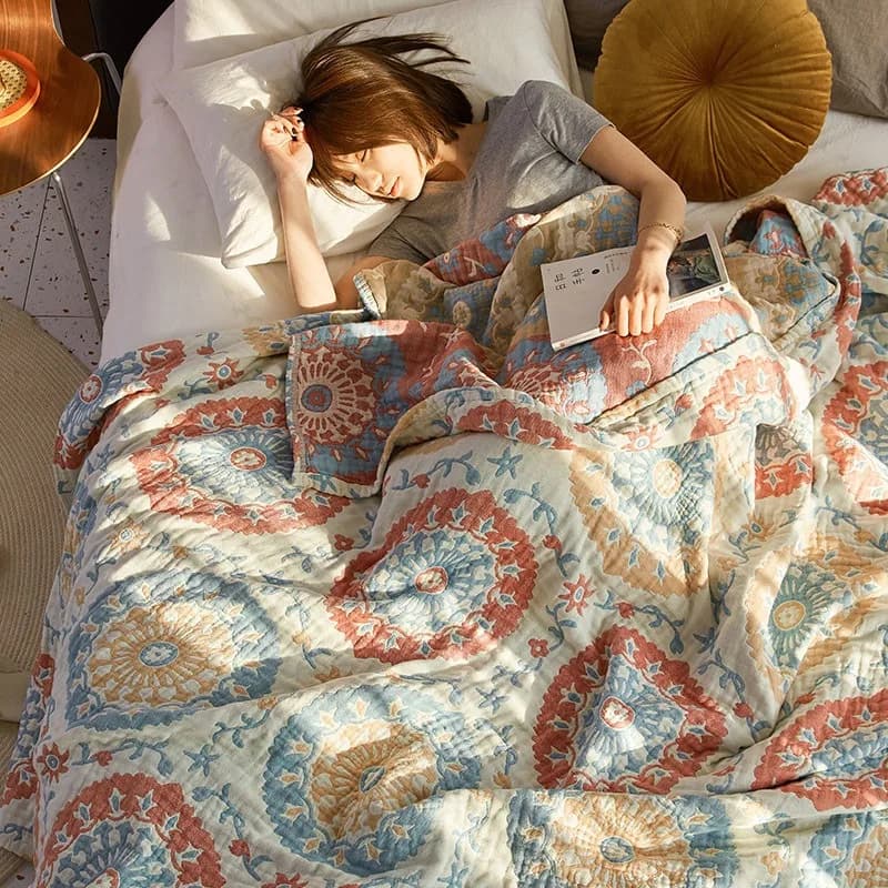 Multi-scene Pure Cotton Gauze Blanket Breathable Reversible Printed Sofa Throw Lightweight Air Condition Nap Cover for Travel