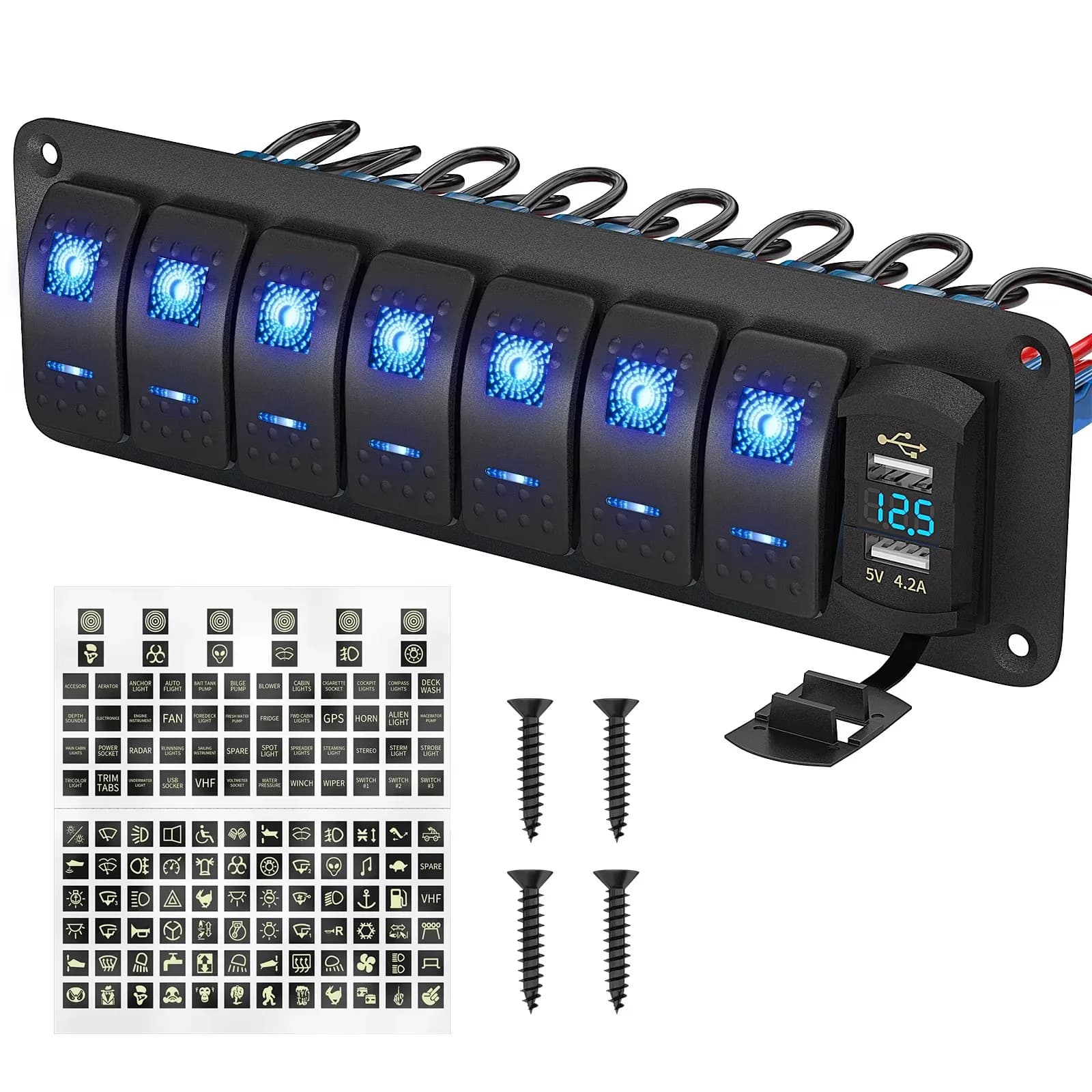 Pannello Interruttori a 7 Vie Impermeabile per Barche Marine 12V 24V DC con Caricatore USB e Voltmetro per Auto