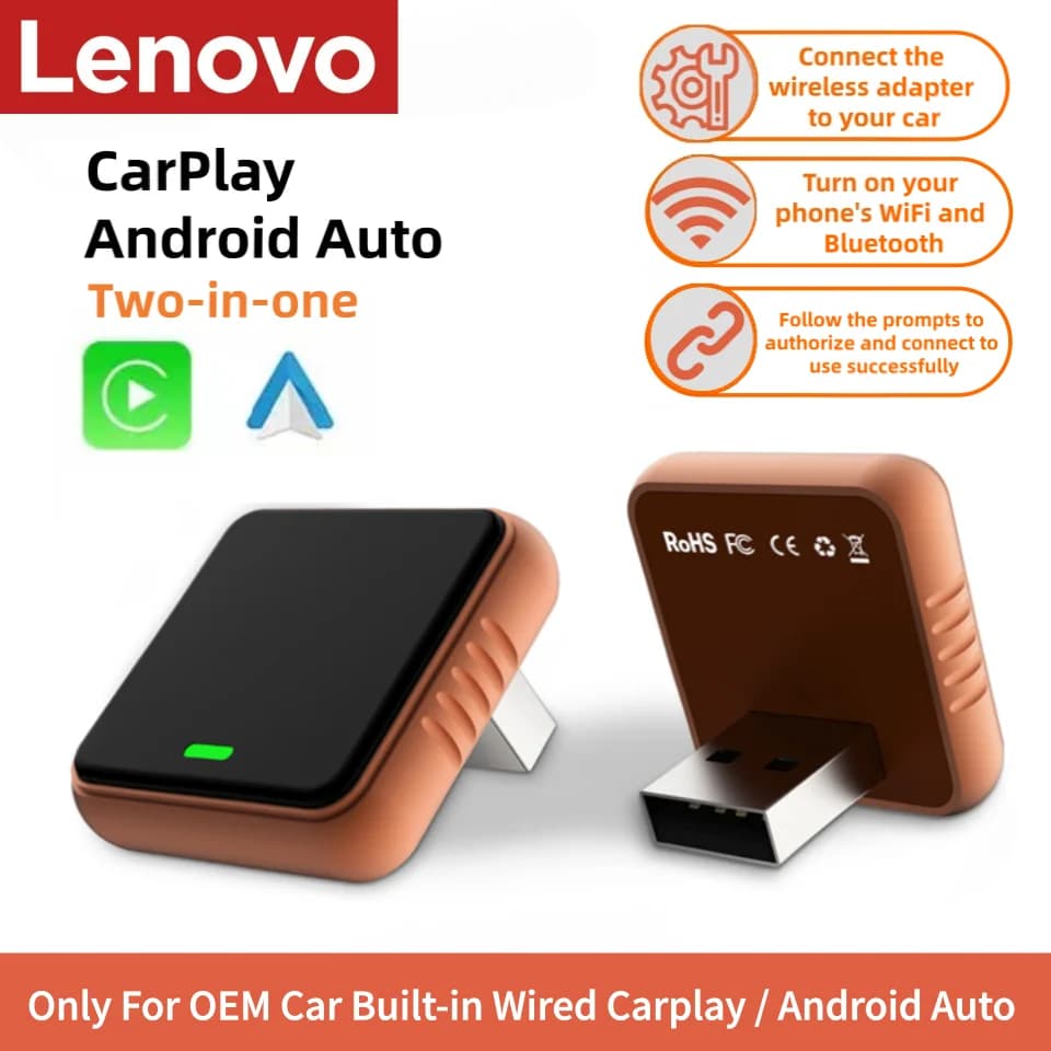 Adattatore Wireless Originale Lenovo 2-in-1 per CarPlay e Android Auto, Dongle USB per Auto, Connessione Rapida Plug & Play, WiFi 5G, Box Intelligente AI