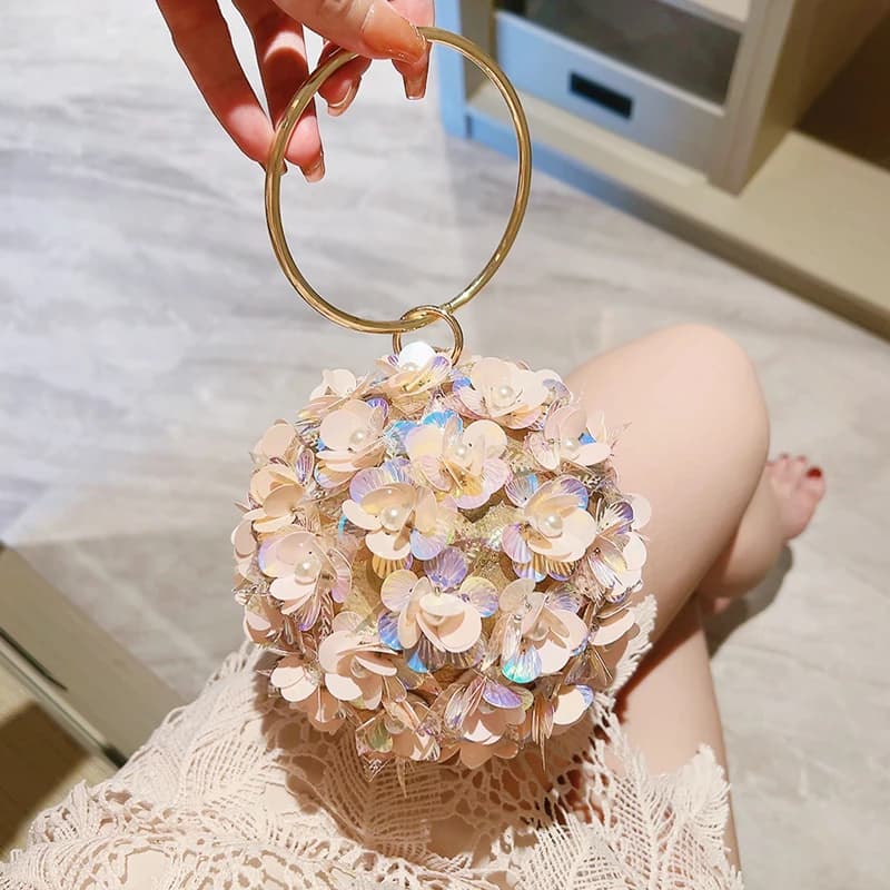 Mini evening bag with flowers with sequins, elegant dinner clutch, formal round banquet bag for the year-end dance