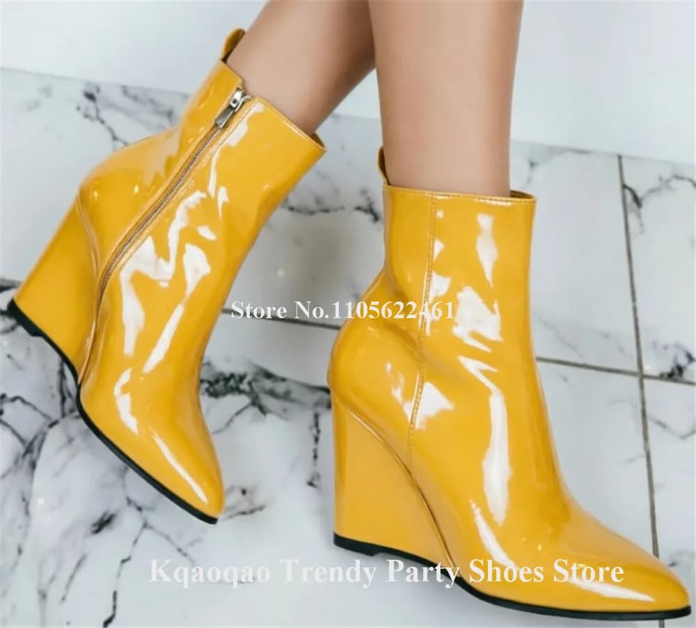 Kqaoqao Fashion Patent Leather Wedge Short Boots Pointed Toe Yellow White Green Side Zipper-up Ankle Booties Sexy Wedges