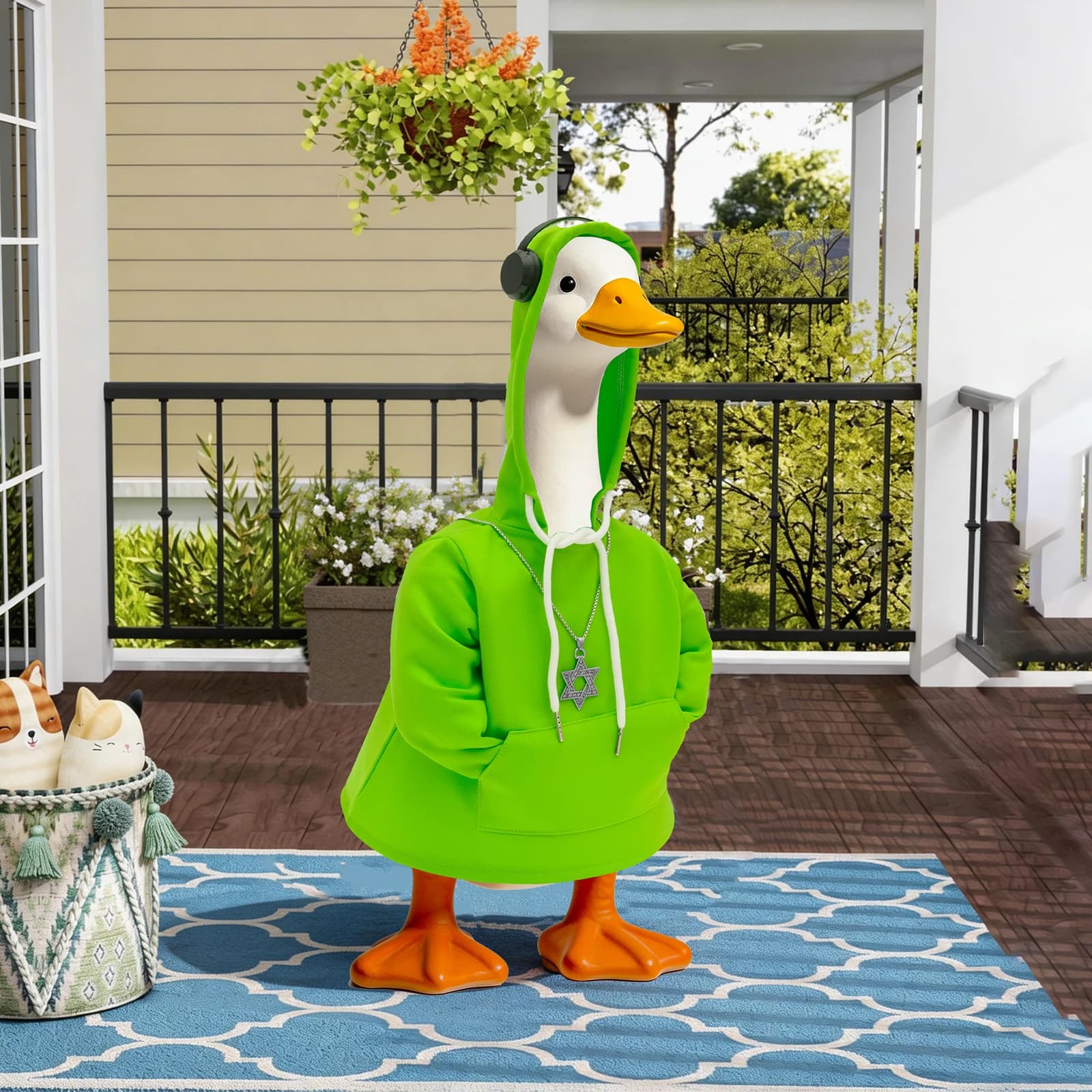 23 inch Porch Goose Outfit Goose Costume Hip Hop Hoodie with Headphone Necklace Garden Decoration Costume for 23'' Goose Statue