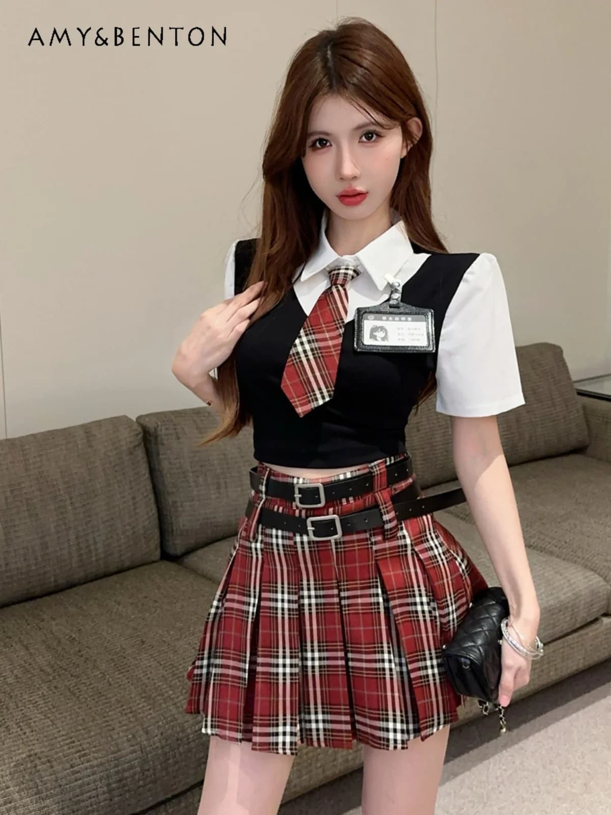 American Sweet Spice College Style Suit Donna Estate JK Uniforme lavorata a maglia Falso in due pezzi Top Gonna a mezza lunghezza Set di due pezzi
