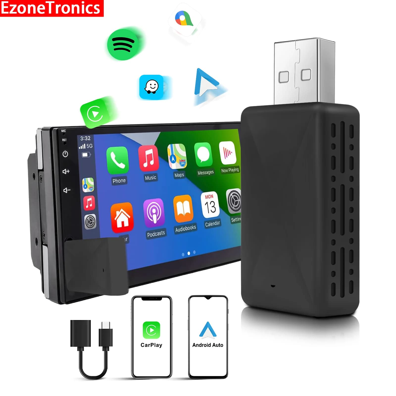 Ezonetronics Wireless Mini Box 2in1 CarPlay Android Auto Mini Box Adattatore Smart Plug And Play Dongle Bluetooth WiFi Collegamento rapido
