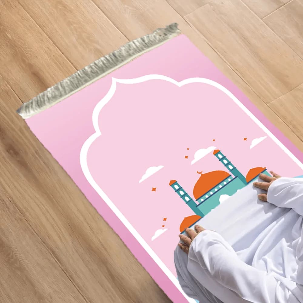 VIKAMA Islamic Prayer Mat, Design Pink Cartoonian Mosque, Foldable Travel Carpet, Washable, for Children, Salah, Eid, Ramadan