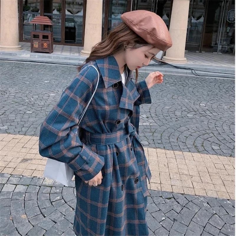 Plaid Windbreaker Elegant Mid-length Women Outerwear With Belt Spring Autumn British Style Loose Over The Knee Blue Trench Coat
