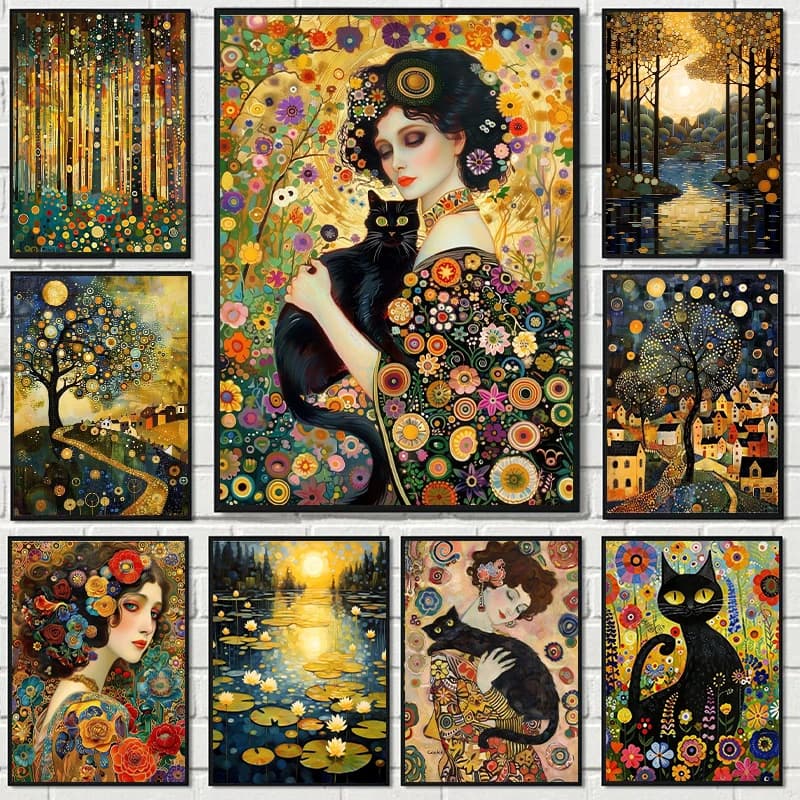 Gustav Klimt Famous Woman and Cat Poster Vintage Gold Night Moon Star Tree Artwork Canvas Painting Wall Art Room Home Home De