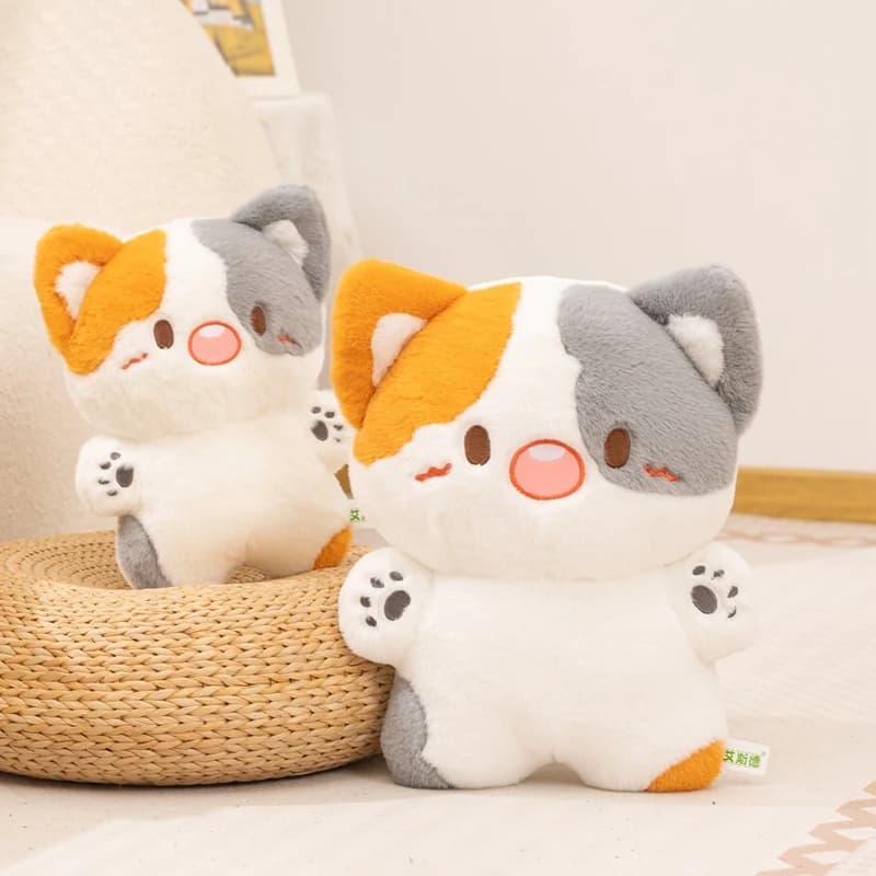 Plush Toy Soft Tricolor Cat Stuffed Animal With Rounded Body Plush Cuddly Portable Texture And Compact Sweet Cheerful Smile