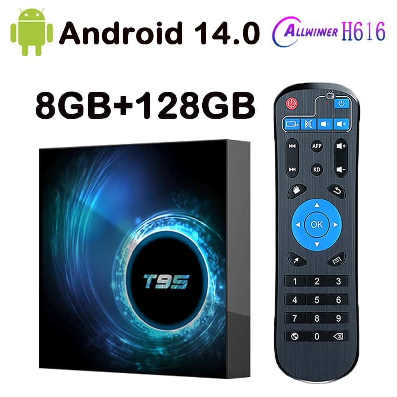 128GB T95 TV Box Android 14 Allwinner H616 2GB 32GB Supporto AV1 1080P H.265 4K 2.4G e 5G Wifi BT Android Google TV Box Media Playe