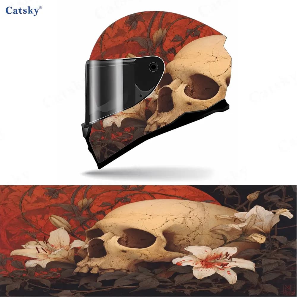 Adesivo per casco da motociclista impermeabile autoadesivo in materiale PVC con teschio e giglio, incolla saldamente e non cade, impermeabile e wea