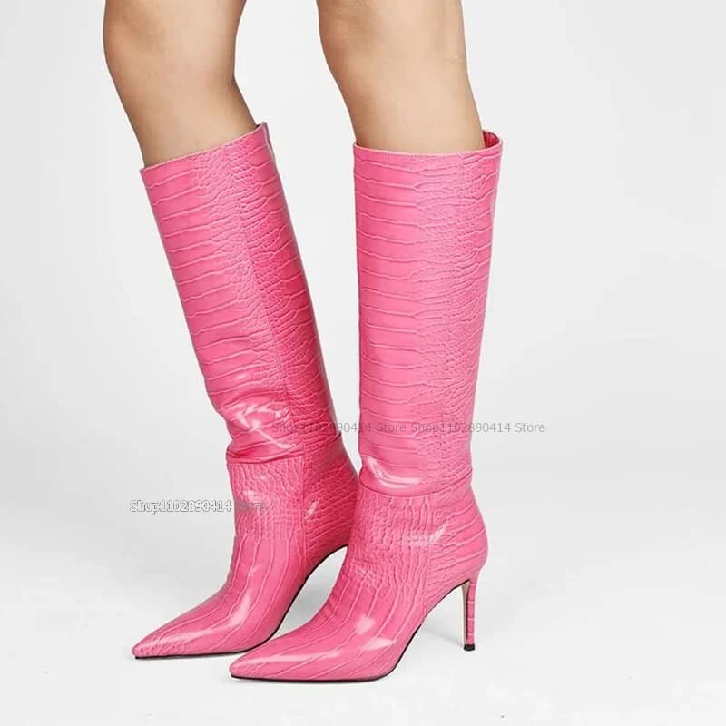 Stivali Alti al Ginocchio con Stampa Animalier Rosa, Scarpe da Donna con Tacco a Spillo, Moda Sexy e Innovativa 2023, Zapatos Para Mujeres