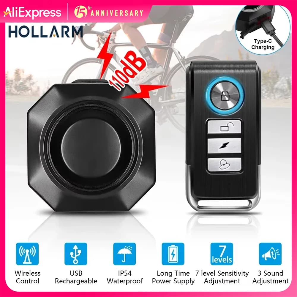 Hollarm Allarme vibrazione bici wireless Ricarica USB Rilevatore di sicurezza moto Sistema antifurto Allarme bicicletta Telecomando