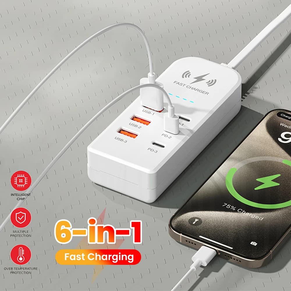 Caricatore USB 6 in 1 Rapido, Multipresa da Scrivania con 3PD 3USB, Stazione di Ricarica Veloce, Adattatore HUB USB con Presa EU/US, Presa Tipo C, 1M