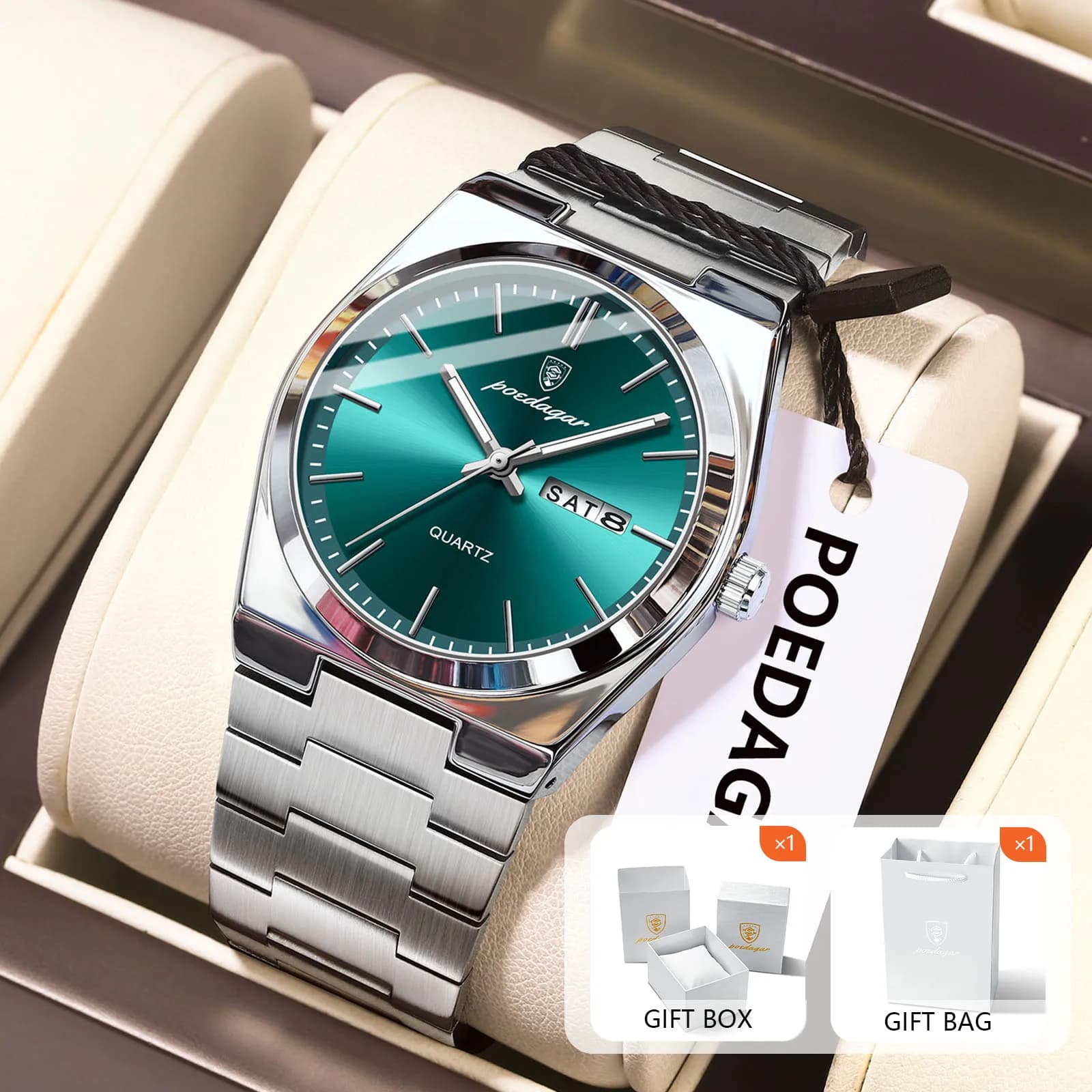 POEDAGAR Orologi da uomo al quarzo originali Impermeabile luminoso Data Settimana Orologio da uomo Orologio da uomo casual di lusso in acciaio inossidabile + confezione regalo