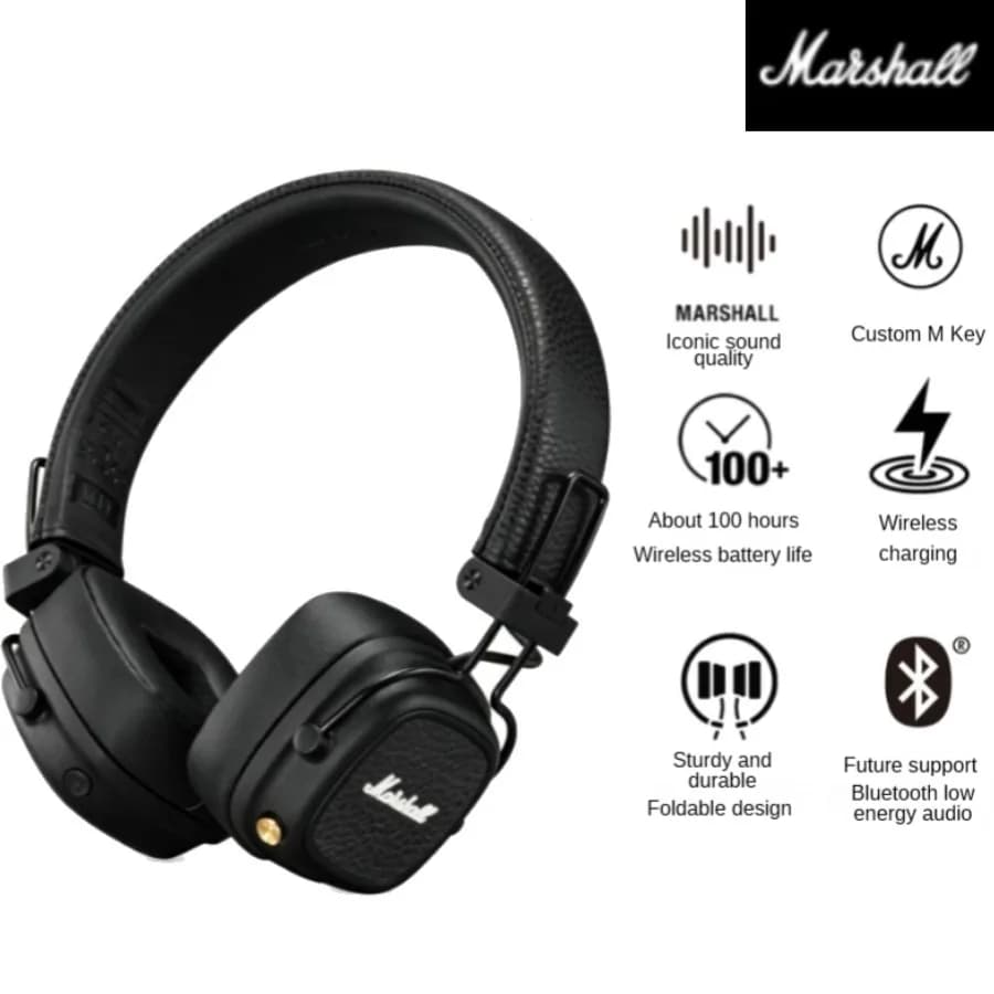Cuffie Wireless On-Ear Marshall Major V Bluetooth 5.3, 100 Ore di Autonomia, Pieghevoli, con Microfono e Driver da 40mm