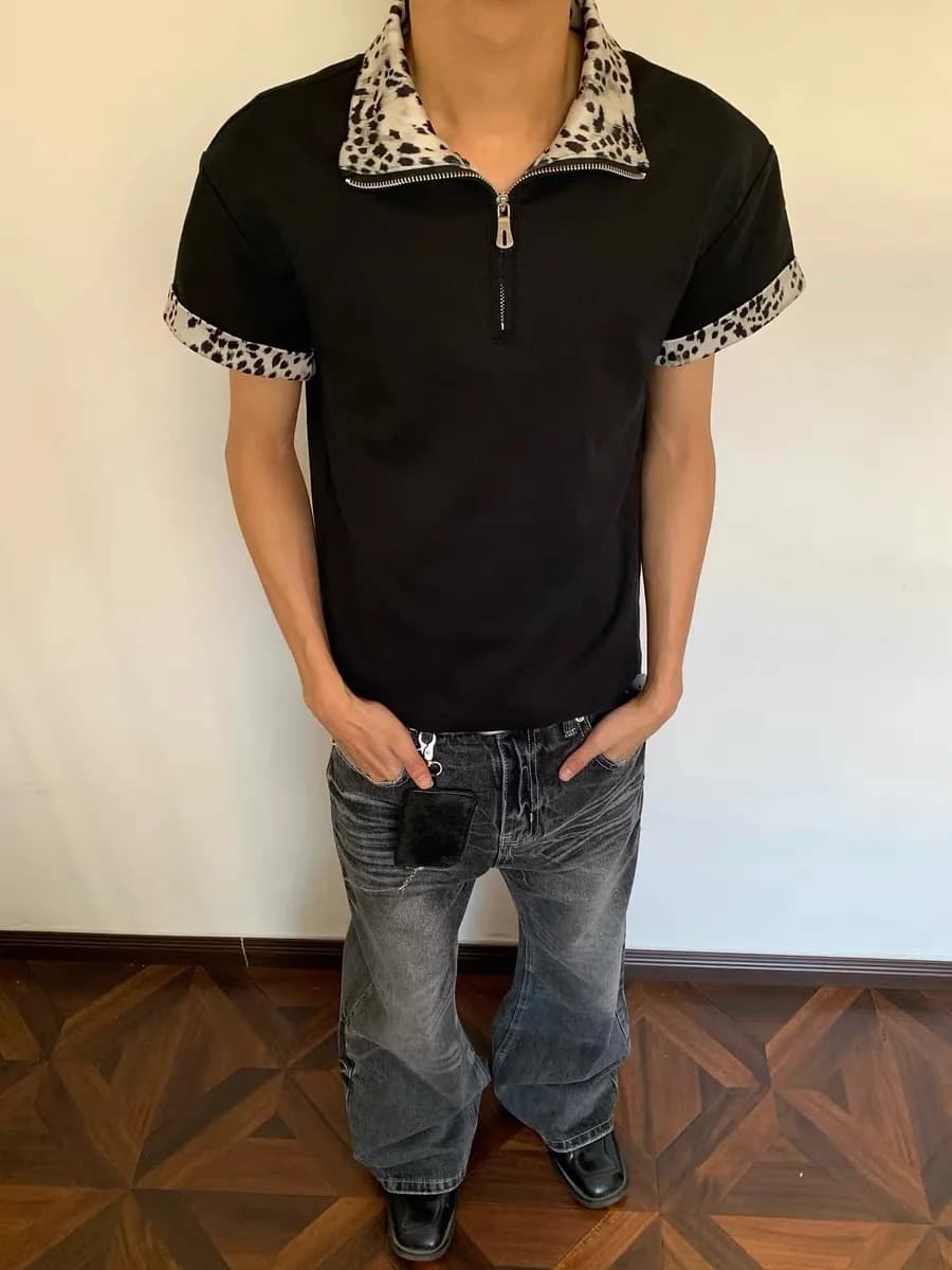 Retro American Leopard Print Zipper Shirt Short Sleeve Flip Collar Men's Women's Summer Versatile Color Block T-shirt