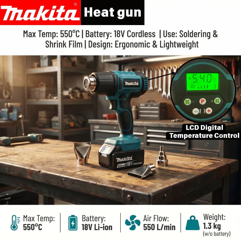 Pistola Termica Elettrica Makita con Display Digitale, Senza Fili, 3 Ugelli, per Imballaggio Termoretraibile Industriale, Compatibile con Batteria Makita 20V