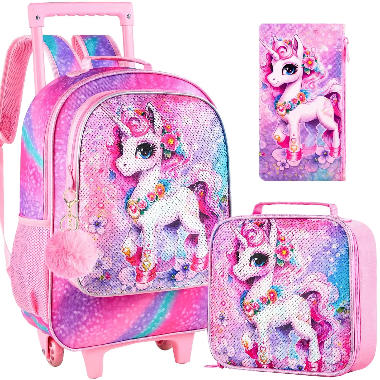 Kid's rolling backpack 3PCS Set, One Rolling Backpack + Handbag + Pencil Case, Floral Sequin Unicorn Print, Large Capacity.