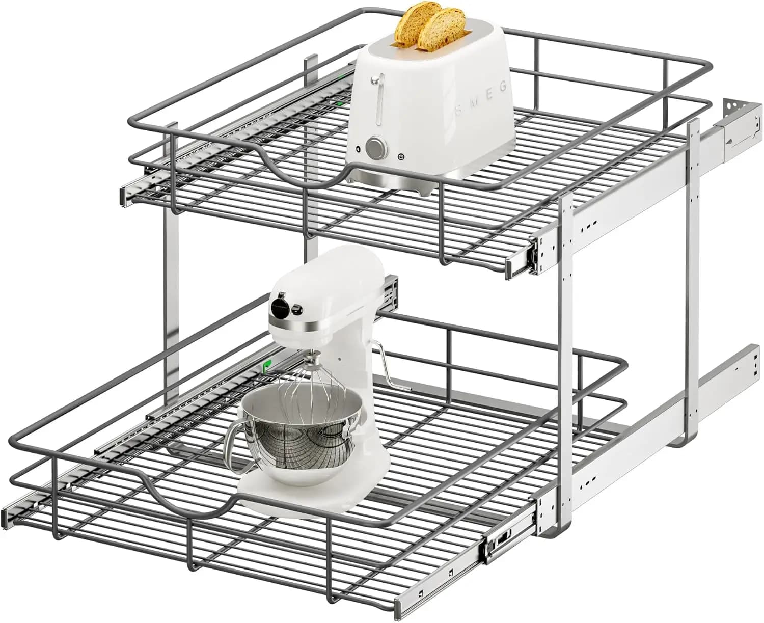 2-Tier Pull Out Cabinet Organizer - 20" W x 22" D Soft Close Pullout Shelves with Shelf Liners