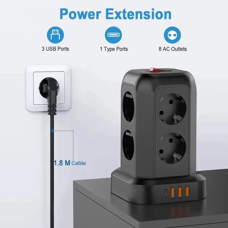 Vertical Tower Type C Plug EU Intelligent multifunction socket with wired plug card, 8 multiple AC 3 USB 1 type C sockets