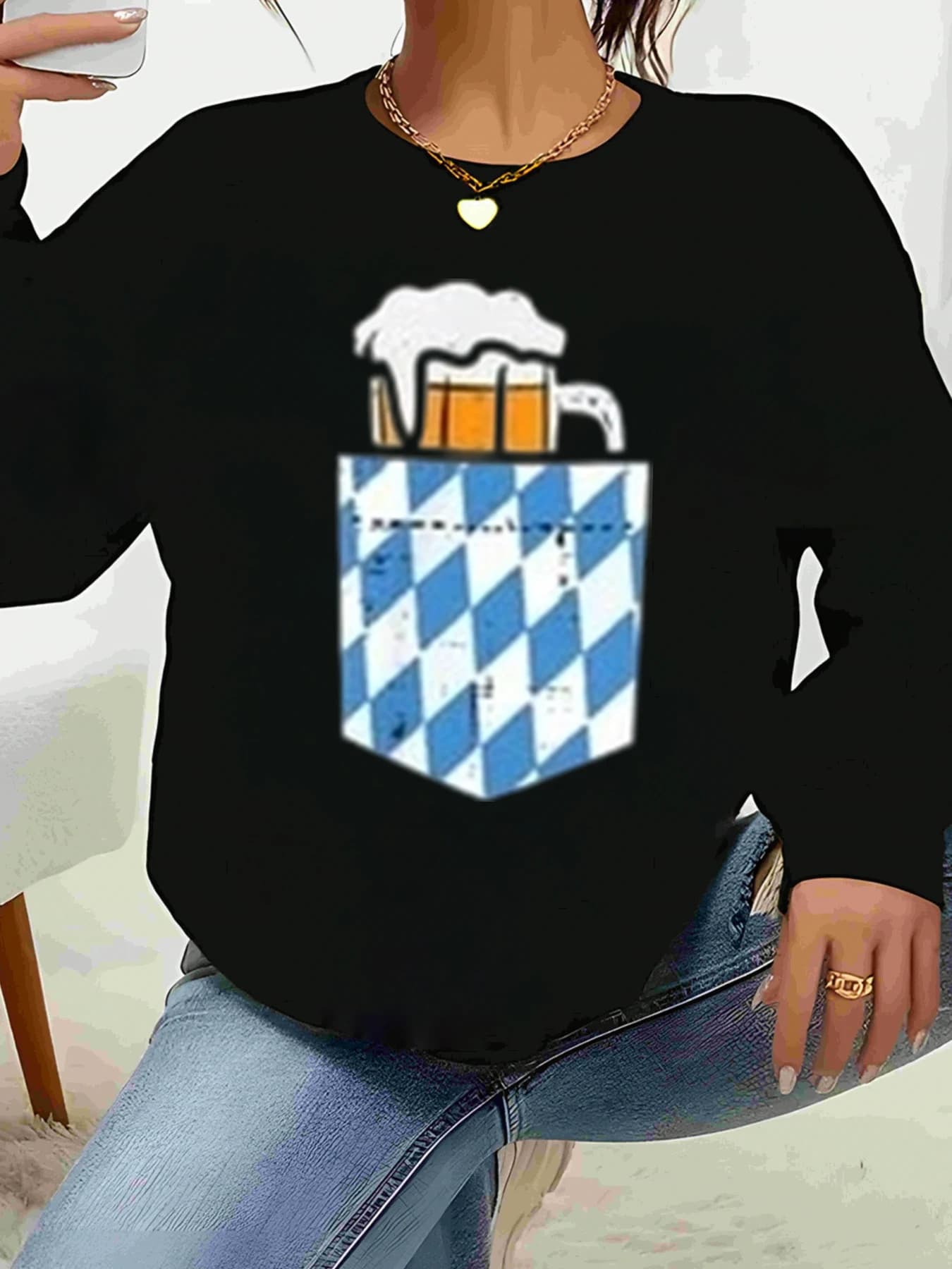 Felpa Oktoberfest con stampa tazza di birra Abbigliamento casual Moda femminile