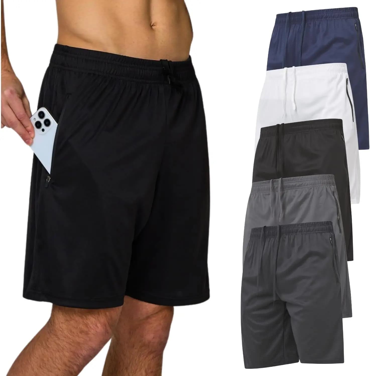 Pantaloncini sportivi da uomo, confezione da 5, modello ampio, per corsa, basket, palestra, allenamento, con tasche con cerniera.