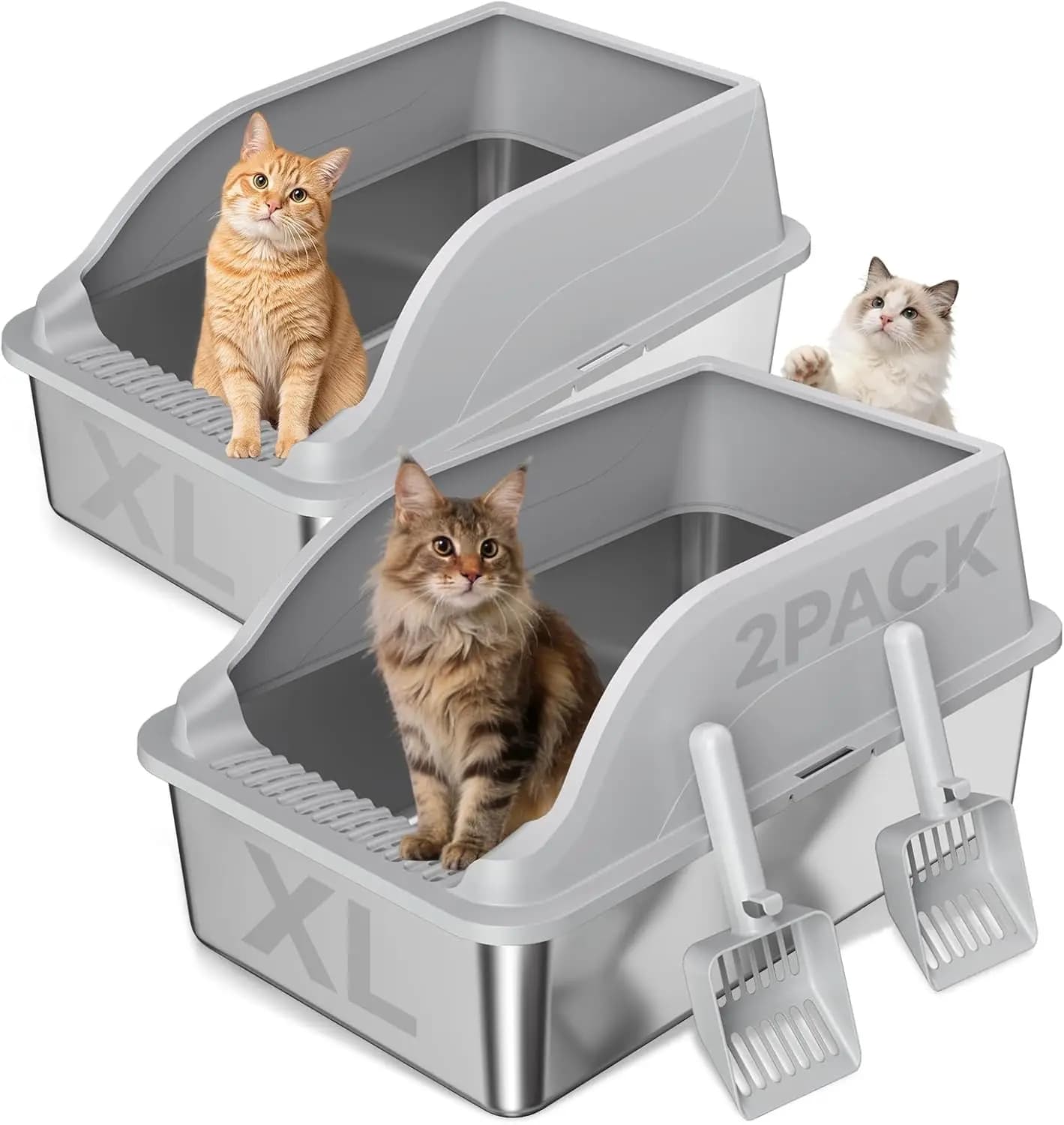 Set di 2 Lettiere per Gatti in Acciaio Inox, Lettiere Grandi in Metallo con Coperchio e Bordi Alti, Senza Odori, Include Paletta
